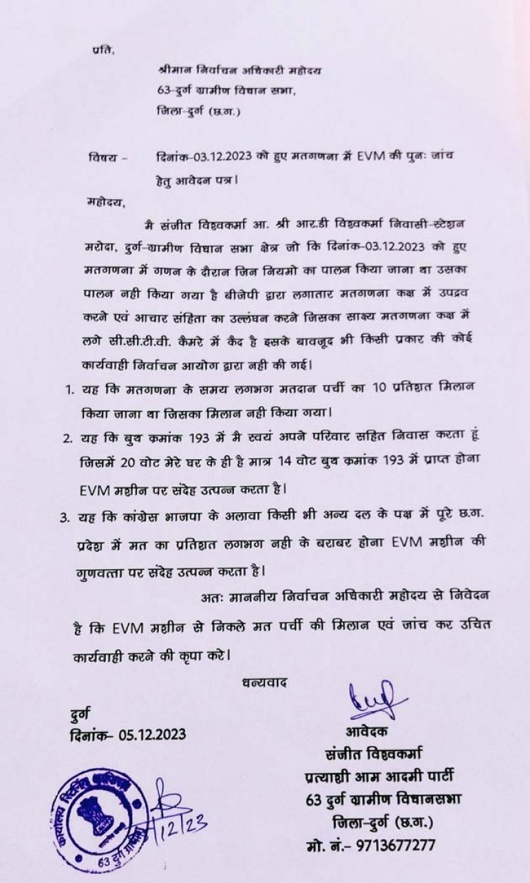 अब दुर्ग में भी इस प्रत्याशी ने ईवीएम पर उठाए सवाल, कहा-इससे मतदान लोकतंत्र की हत्या