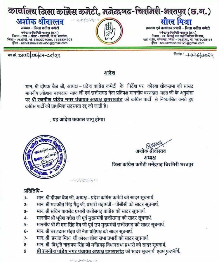 कांग्रेस ने पार्षद और नगर पंचायत अध्यक्ष को पार्टी से किया निष्कासित