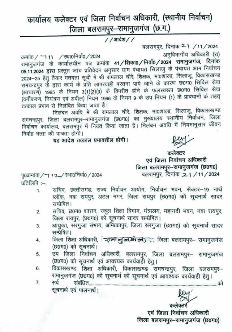 मतदाता सूची तैयार करने में लापरवाही बरतने पर शिक्षक और पंचायत सचिव निलंबित